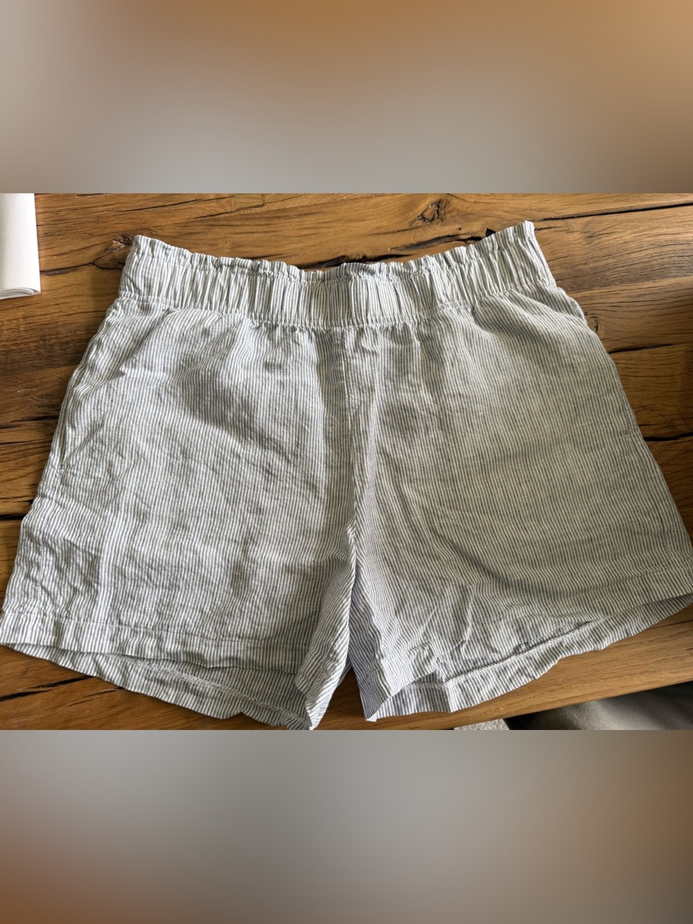 Quince High Waist Striped Linen-Blend Shorts in Light Blue and White